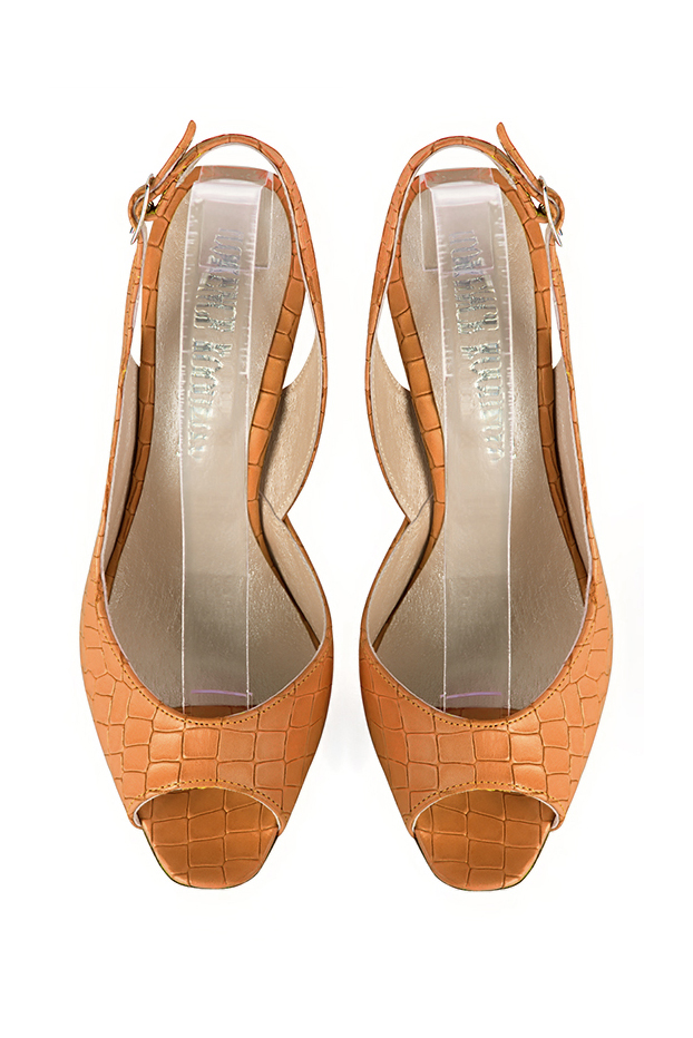 Women's marigold orange open-toe dress pumps with back strap. Round toe. High slim heel - Top view